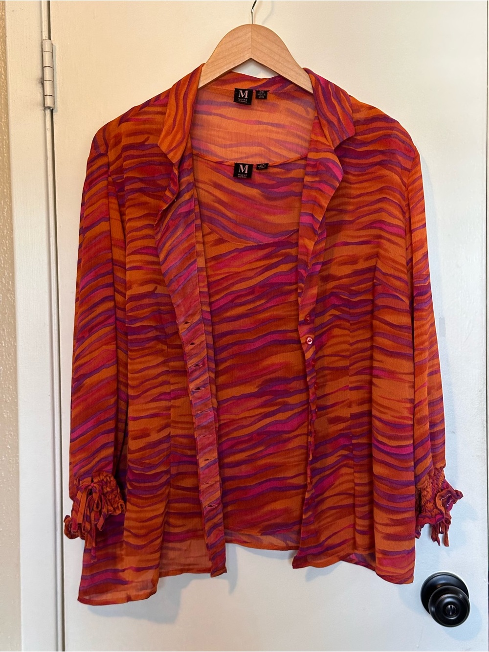 Milano Woman 2X 2-Piece Set Sheer Chiffon Blouse & Tank Orange Magenta Abstract